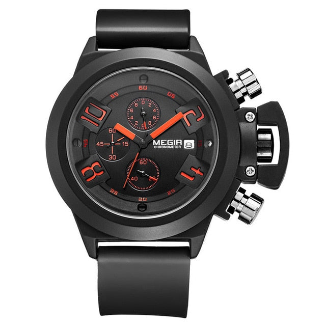 MEGIR Men's Casual Quartz Watch 3D Engraved Dial Black Silicone watches men Waterproof Military Sport Watch