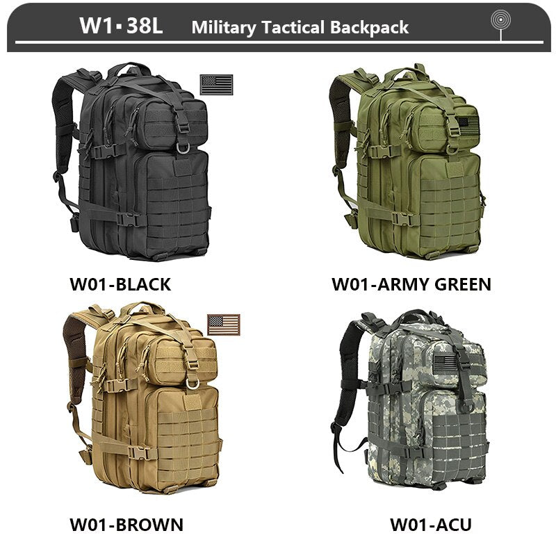 Military Tactical Backpack 3 Day Assault Pack Army Molle Bag 38/45L Large Outdoor Waterproof Hiking Camping Travel 600D Rucksack