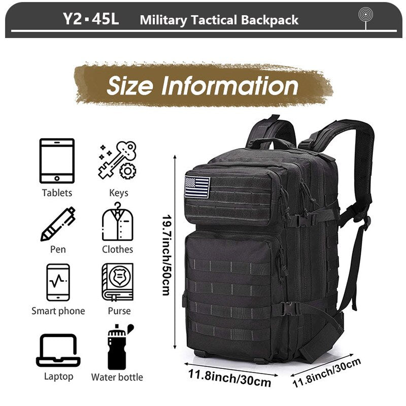 Military Tactical Backpack 3 Day Assault Pack Army Molle Bag 38/45L Large Outdoor Waterproof Hiking Camping Travel 600D Rucksack